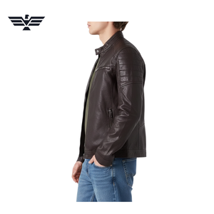 Chaqueta de Motociclista para Hombre, de Cuero Genuino Marrón, Transpirable, con Relleno, Cuello Alto, Cierre de Cremallera, Color Sólido, Corte Ajustado, para Otoño - Product Image 2