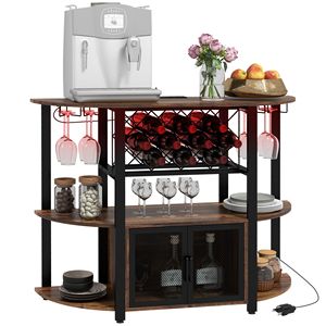 Tavolo da Mini Bar rustico marrone per vino e liquori con stazione di ricarica per illuminazione a LED e supporti in vetro per uso domestico - Product Image 1