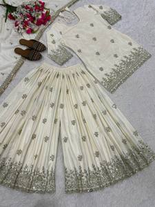 Women's Designer Diwali <b>Wedding</b> Party Wear <b>Top</b> Sharara Plazzo Dupatta Natural Crep Material 5mm Embroidery Quick Dry - Product Image 6