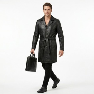 Men's Black <b>Leather</b> <b>Trench</b> <b>Coat</b> <b>Long</b> Overcoat Turn Down Collar Belted Button Front Winter Outerwear - Product Image 3
