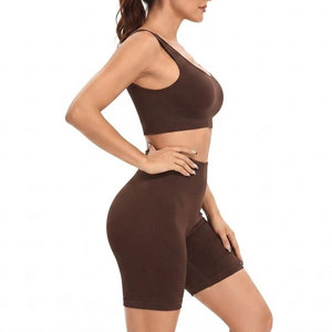 Ensemble de sport côtelé sans couture pour femme, soutien-gorge de sport côtelé et short, tissu élastique, coupe élégante, tenue de fitness moderne deux pièces, vente chaude - Product Image 4