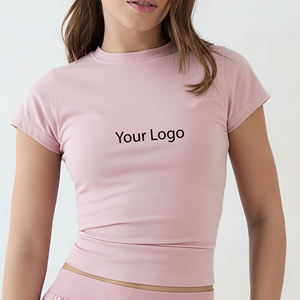 Customized Women's <b>Pink</b> Crew Neck <b>Crop</b> <b>Top</b> Short Sleeve Slim Fit Knitted Solid Color Casual T-Shirt With Logo - Product Image 1