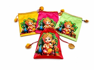 Premium Silk Drawstring Potli Bags Pack with Lord Murugan Baby Kartikeya Digital Print Traditional Peacock Design Silk Pouch Set - Product Image 2