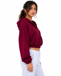 Women's Oversized Hooded <b>Zip</b>-<b>Up</b> <b>Cropped</b> Sweatshirt Solid Color Fleece Drop-Shoulder Full Sleeve Autumn Wear - Product Image 2