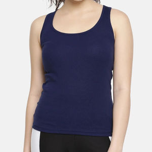 <b>Women's</b> <b>Navy</b> Blue Knitted Tank <b>Top</b> Scoop Neck Casual Solid Color Breathable <b>Tops</b> Regular Length 100% Cotton - Product Image 1