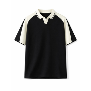 Polo pour homme à blocs de couleur, manches courtes, tricoté, décontracté, noir et crème, coupe classique - Product Image 5