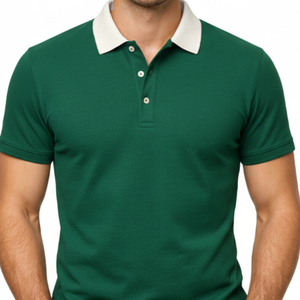 Polo verde personalizado de alta demanda para hombre, con cuello blanco en contraste, corte ajustado, manga corta, informal, de dos tonos. - Product Image 2