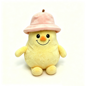 Pera de peluche personalizada con gorro de pescador rosa, Pera de peluche con detalle de tallo marrón, Pera de peluche con cara sonriente bordada - Product Image 3