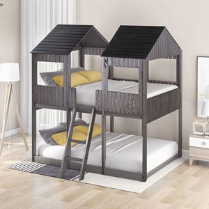 Letto a Castello in Legno Grigio Anticato per Bambini, Misura Full Over Full con Finestra sul Tetto, Ringhiera e Scala (LT000031AAE) - Product Image 2