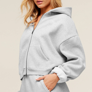 Women's Oversized Hooded <b>Zip</b>-<b>Up</b> Sweatshirt Drop Shoulder Solid Color Casual Crop Top Full Sleeve Knitted Cotton Blend AutumnWear - Product Image 3