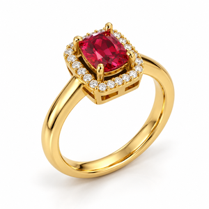 Anillo de Compromiso Clásico con Halo de Gemas Rojas, Oro Amarillo de 14K, Diamante Cultivado en Laboratorio, Joyería Personalizada OEM - Product Image 1