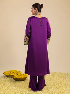 Ensemble Kurta Bohobi pour femme, violet uni, brodé, asymétrique, manches longues, en soie satinée tissée, coupe trapèze, traditionnel, pour mariage et occasions formelles - Product Image 6