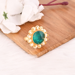 Apatite & Pearl Hydro <b>Ring</b> for Women Gold Plated <b>Adjustable</b> Trendy Brass Gemstone <b>Rings</b> - Product Image 2