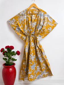 Women Cotton Maxi <b>Kaftan</b> Dress V-neck Boho Floral Printed Eco-Friendly Beach Cover Batwing Sleeve Regular Fit <b>Summer</b> Resort Wear - Product Image 6