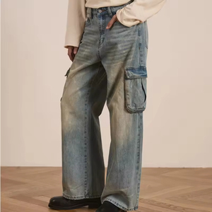 Nouveau Jean Cargo Homme Taille Haute 2026 en Denim Délavé Coupe Ample Jambe Large avec Grandes Poches Latérales Style Automne - Product Image 5