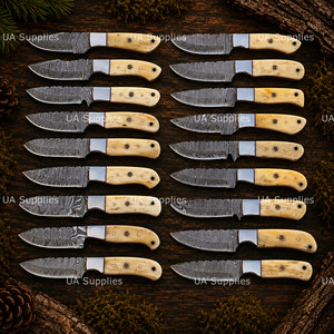 Lote al por mayor de cuchillos de caza de acero de Damasco con hoja de punta caída de 2.5mm de grosor, mango ergonómico de hueso de camello y funda de cuero. - Product Image 6
