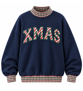 <b>Women's</b> Navy Blue <b>Christmas</b> <b>Sweatshirt</b> Candy Cane Xmas Letter Crewneck Plaid Collar Pullover - Product Image 4