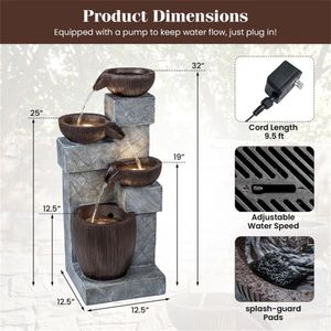 Fontaine d'extérieur à 4 niveaux avec lumières LED, en résine et fibre de verre, à débit réglable, pour jardin et patio, pour embellir votre espace extérieur - Product Image 5