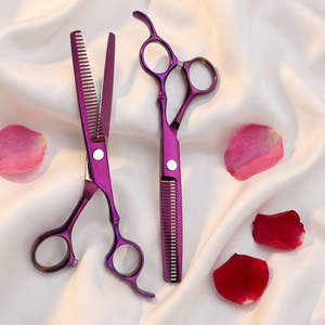 Tijeras Profesionales para Adelgazar el Cabello, Color Morado, Hoja de Acero Inoxidable, 30 Dientes, para Diestros, Mango Largo, Uso en Salón - Product Image 4