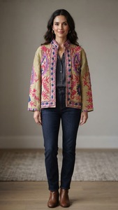 Veste en velours brodée Suzani beige de qualité supérieure pour femme, motif Paisley rose, style botanique bohème, vente en gros, vêtements d'extérieur tendance pour boutique - Product Image 1