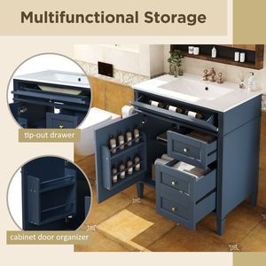Mobile bagno moderno da 30 pollici con lavabo singolo integrato e 2 cassetti contenitore - Product Image 5