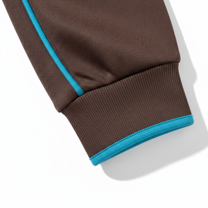 Ensemble de survêtement marron à capuche pour homme avec imprimé abstrait et bordure bleue, tenue décontractée d'automne, pantalon de jogging à manches longues avec fermeture éclair sur le devant et côtés - Product Image 4