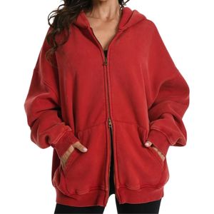 Sweat à capuche zippé rouge délavé à l'acide pour homme, style streetwear, coupe ample, épaules tombantes, effet usé, en coton doux et épais, haut de gamme - Product Image 1