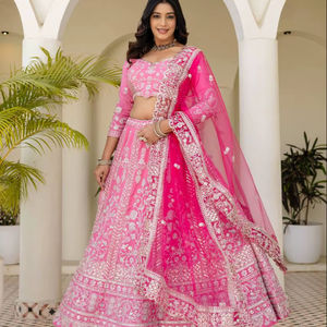 Élégant Lehenga Choli Rose Traditionnel avec Broderie Délicate en Tissu Filet Papillon Recyclé pour Mariages et Fêtes de Diwali - Product Image 1