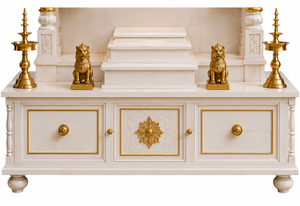 Pashupatinath Inspired Hand-Carved Nepali Pagoda <b>Mandir</b> White and Gold Wooden <b>Home</b> Temple with Storage Drawers <b>Pooja</b> Ghar London - Product Image 4