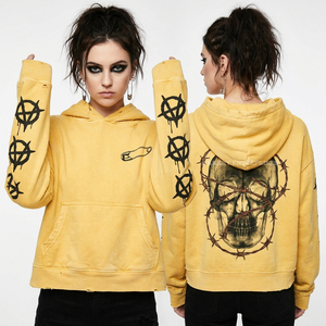 Sudadera Corta Graveyard Gang 350GSM con Dobladillo Desgastado, Gris, Lavado Vintage, Estampado de Calavera de Cementerio en la Espalda, Estilo Urbano para Mujer - Product Image 5