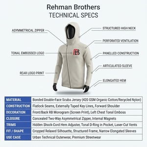 OEM Mens Asymmetrical Diagonal Zip for <b>Hoodie</b> 420GSM Heavyweight Windproof Minimalist <b>Techwear</b> Organic Cotton Recycled <b>Hoodie</b> - Product Image 5