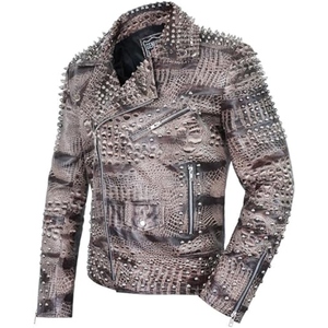 Men's Crocodile Embossed Genuine Leather Motorcycle <b>Jacket</b> <b>Punk</b> Studded Rivet Biker <b>Jacket</b> Custom OEM Leather <b>Jacket</b> - Product Image 2