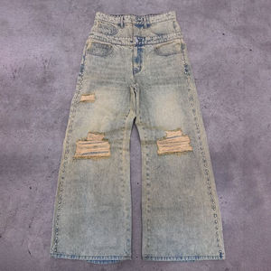 Jeans amples pour hommes avec logo personnalisé, coupe décontractée, taille haute, délavé à l'acide, style vintage, jambe large, effet usé, décoré, délavage clair - Product Image 6