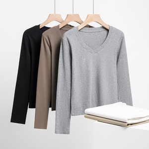 Prix fabricant – Haut court sexy à manches longues et col en V, couleur unie, coupe ajustée pour femme, idéal automne-hiver - Product Image 1