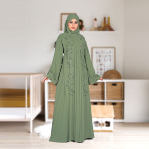 Abaya Nida avec embellissement perlé à la main, panneau avant plissé, manches longues, robe islamique longue jusqu'au sol, tenue de soirée pour femmes - Product Image 1