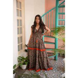 Vestido Maxi Holgado de Punto con Estampado Floral Gótico Bohemio para Mujer, Cuello en V, Manga Corta, Cintura Natural, Precio Más Bajo - Product Image 1