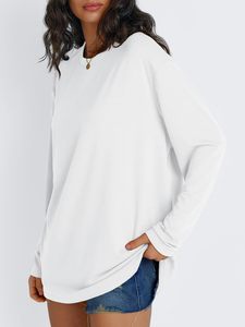 <b>Women's</b> <b>White</b> Oversized Crew Neck <b>Long</b> <b>Sleeve</b> <b>T</b>-<b>Shirt</b> Loose Fit 100% Cotton Jersey Knitted Solid Color Spring Wear Anti-Shrink - Product Image 3