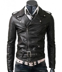 เสื้อแจ็คเก็ตหนังสีดำทรงเข้ารูปไม่สมมาตรสำหรับผู้ชาย - Product Image 1