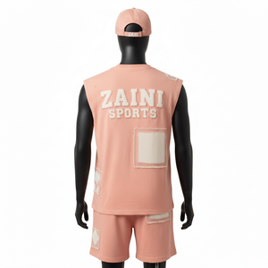 ชุดเสื้อยืดแขนกุดและกางเกงขาสั้นผู้ชาย ผ้าคอตตอนผสมเฟรนช์เทอร์รี่ ระบายอากาศได้ดี สีพีชล้วน รับสกรีนโลโก้ - Product Image 2