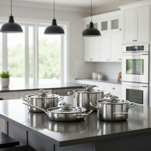 High-end Heavy Duty Hammered Stainless Steel Cookware Set Decorative Grape Lids 4-Piece Professional Stockpot & <b>Frying</b> <b>Pan</b> Set - Product Image 1