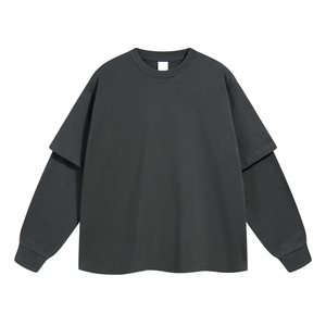 New arrival Layered Long Sleeve Distressed T Shirts Men Vintage Washed Cotton Double Layer Hip Hop Blank Plain Men's T-shirts - Product Image 3