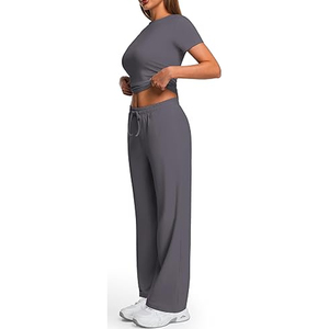 Womens Stylish 2-Piece Solid Short Sleeve Loungewear Set with <b>Lace</b>-Up Detail and Modal Fabric - Product Image 6