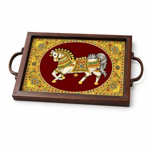 Horse Printed <b>Sticker</b> Wooden Serving Tray with Handle Rectangular Shape Deluxe Grade Elegant Decorative Design for Restaurant - Product Image 1
