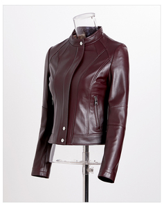 Chaqueta de Moto de Cuero PU para Mujer, con Estampado, Cuello Alto, Cierre de Cremallera, Color Sólido, Calidad Premium, para Otoño - Product Image 5