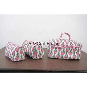 Ensemble de trousses de toilette pour femmes en coton durable, écologiques, à rayures, imprimées à la main, avec fermeture éclair - Product Image 2