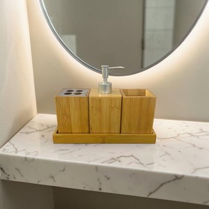Bamboo <b>Bathroom</b> Organizer <b>Set</b> With Soap Dispenser Toothbrush Holder And Storage Tray Minimalist Rectangle Customized Design - Product Image 4