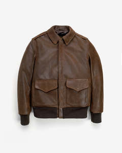 Veste bomber en cuir véritable marron pour homme, style décontracté, fermeture éclair, col rabattu, poches, vêtements d'automne - Product Image 1