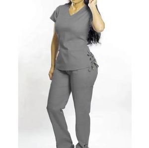 Conjunto de Uniforme Médico Azul Cielo con Cordones, Elegante, para Mujer, con Detalle de Lazo Lateral, Transpirable, Corte Ajustado, Traje de Enfermería, Ropa de Hospital - Product Image 4
