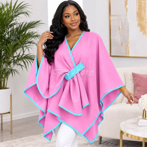 Cosh International Sorority Sisterhood Pink V-Neck <b>Poncho</b> With Light Blue Trim Full Sleeve Belt Closure Casual Wear Long Sweater - Product Image 4