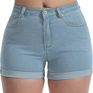 Shorts décontractés pour femme, taille haute, extensibles, motif uni, fermeture boutonnée, cinq poches, délavage clair, coton et élasthanne, coupe droite, été - Product Image 6